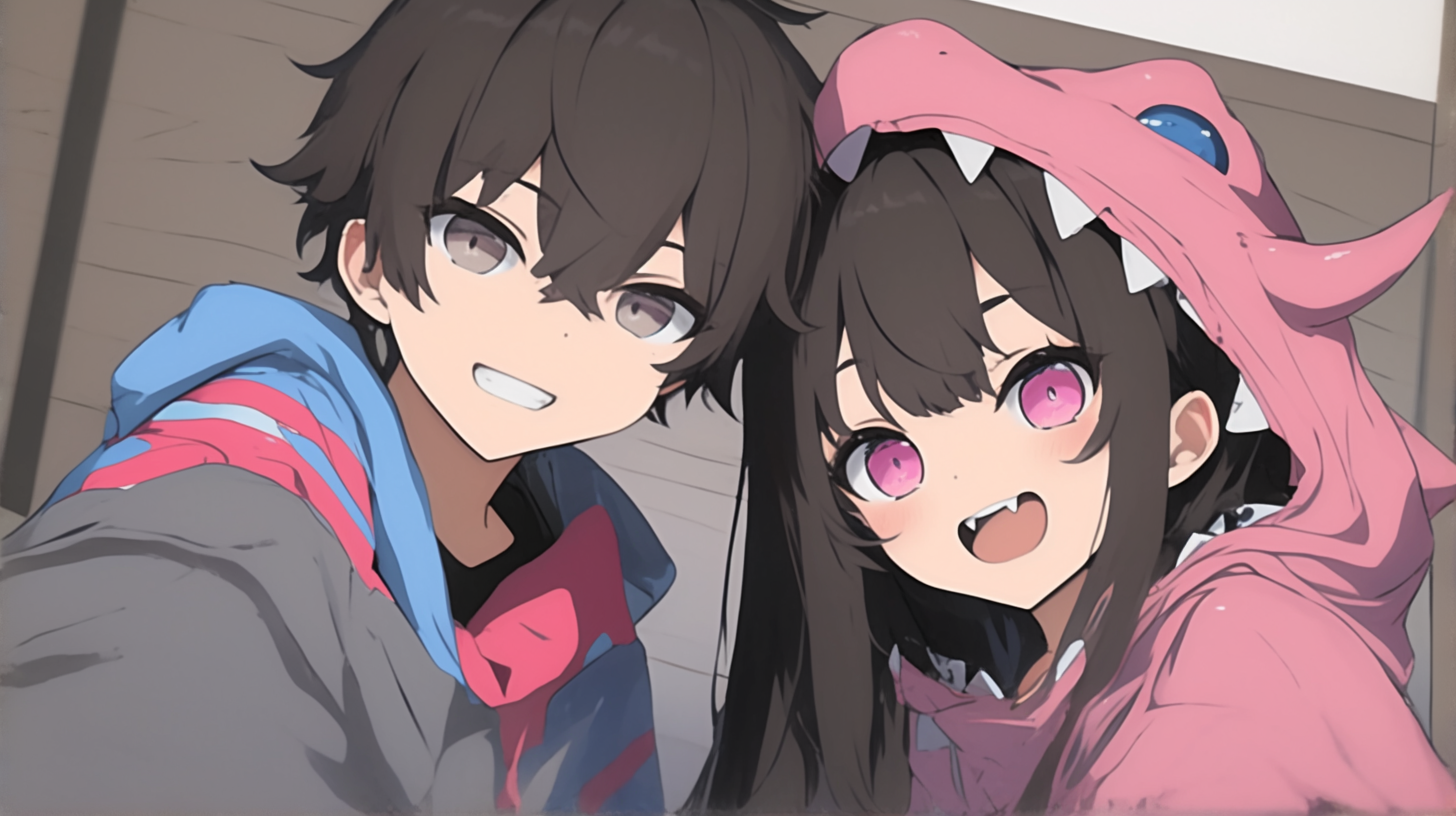 Anime duo in dinosaur hoodies representing collaborative VTubers