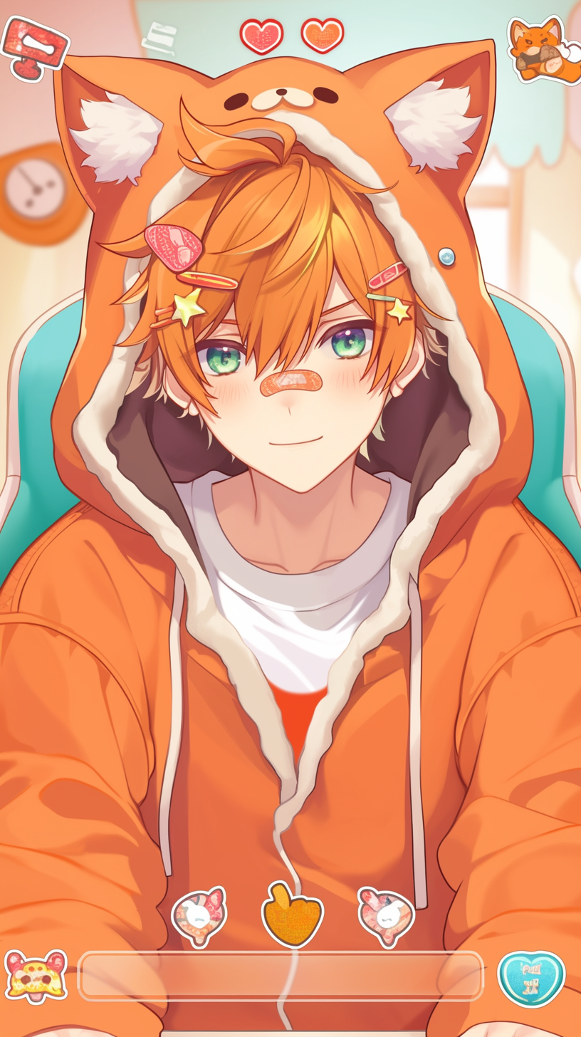 Kawaii AI VTuber with streaked dual-color hair and headphones