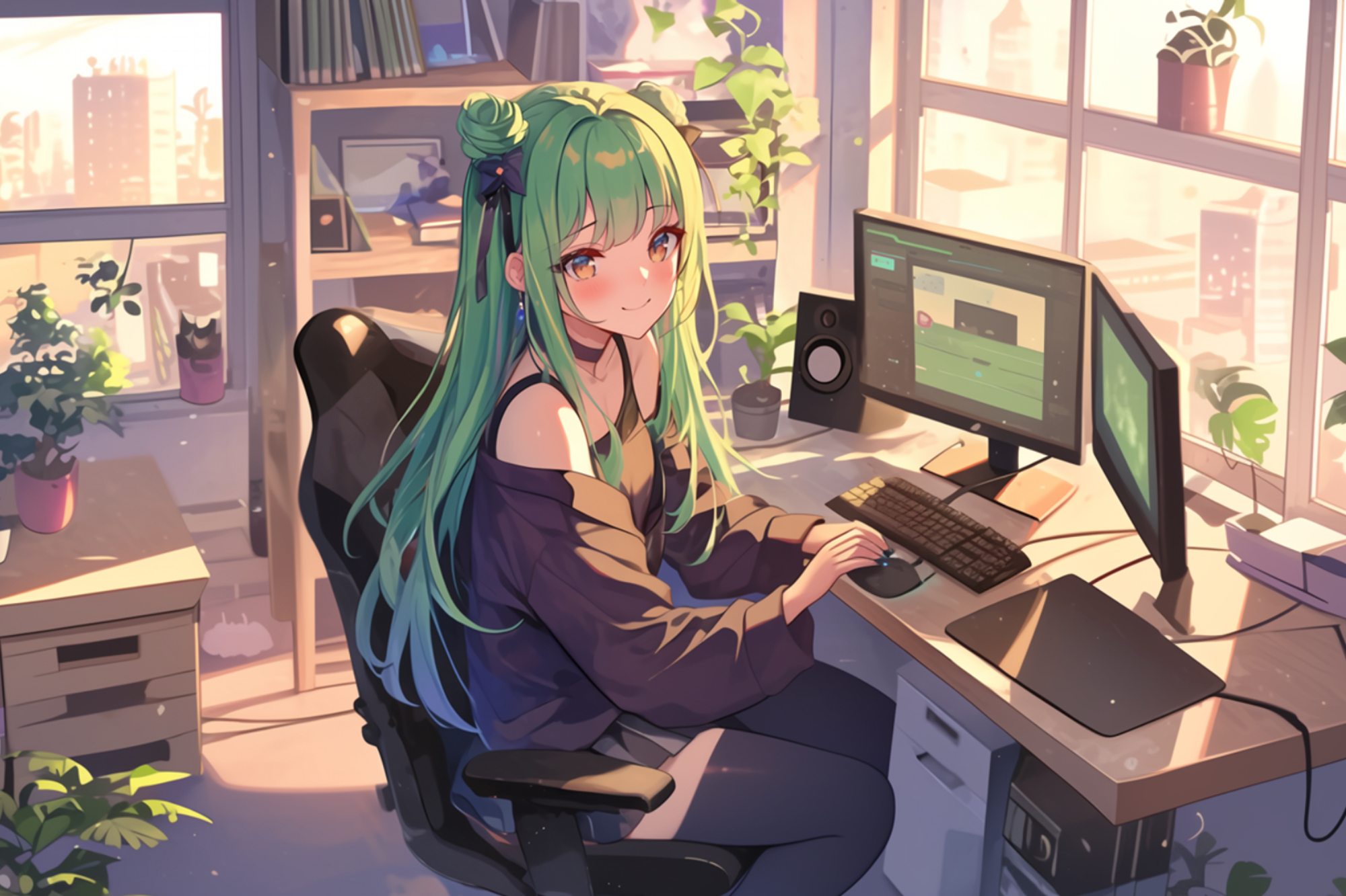 Stylized VTuber team pose with neon UI elements